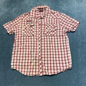 Twenty One Fitted Shirt Mens XL Red White Plaid Cotton Button Up Pearl Snap